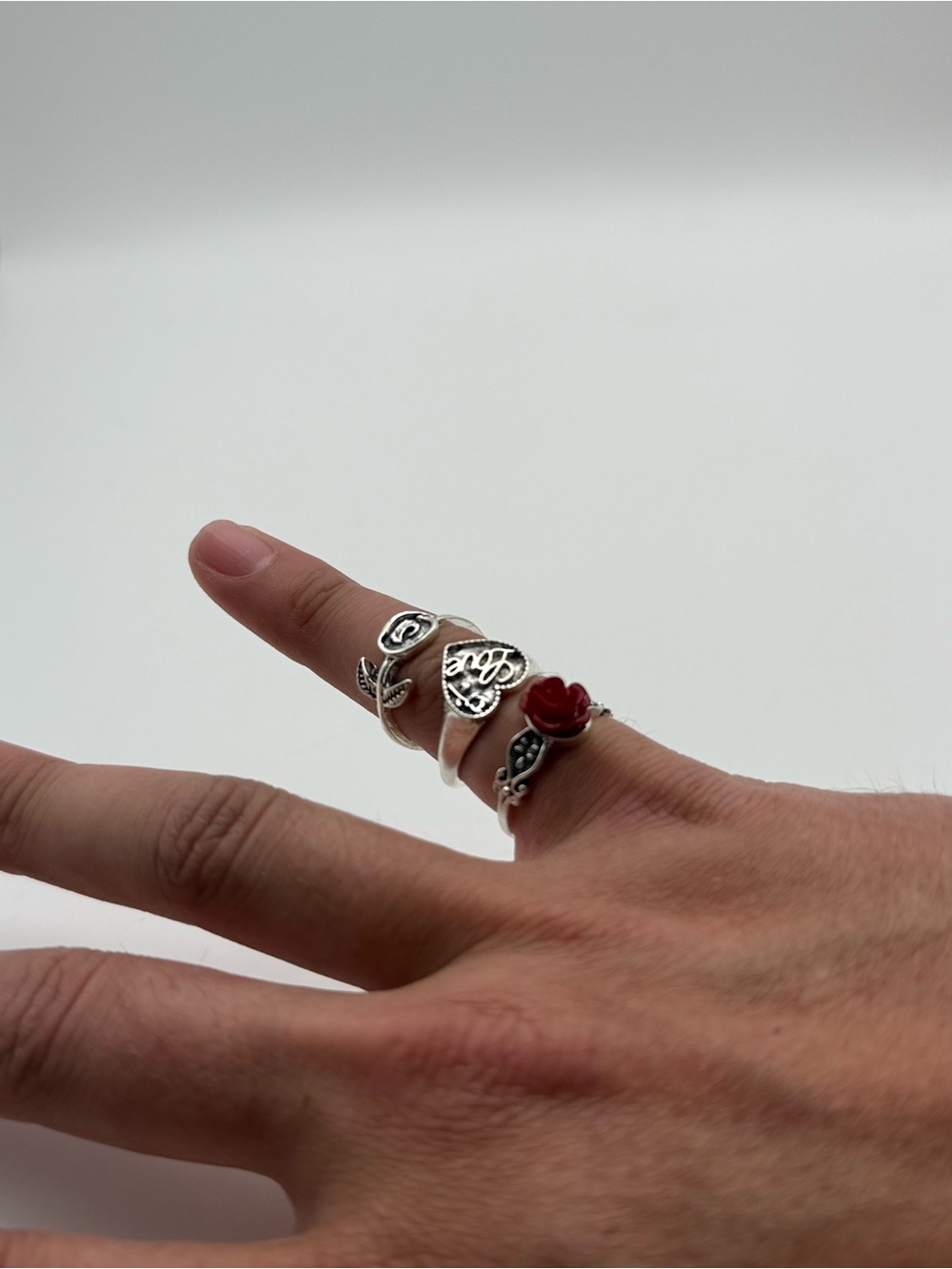 Gothic 3 Ring Set Red Rose Love Heart Silver Tone Floral Jewelry